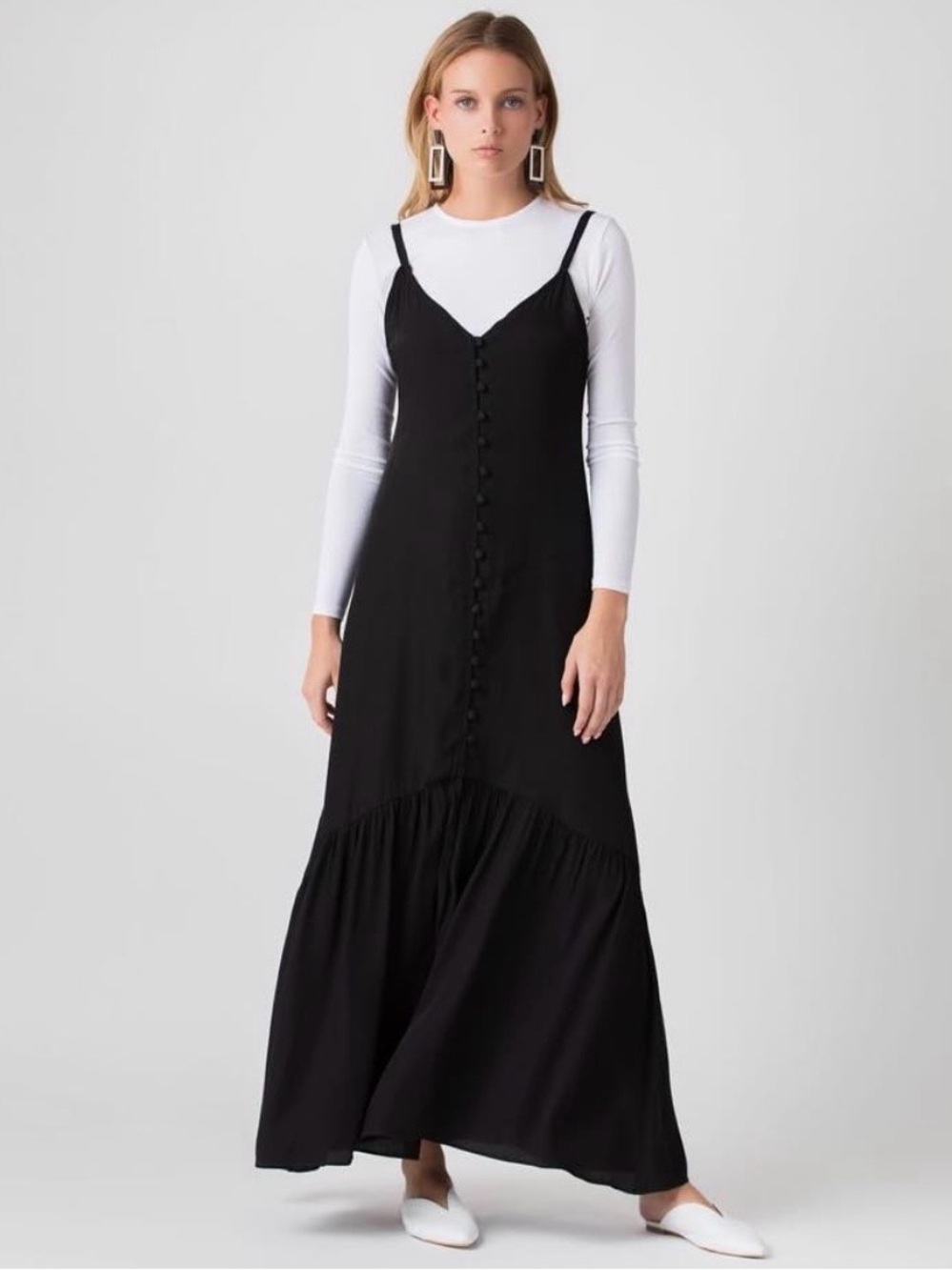 Black Button-Front Maxi Slip Dress
